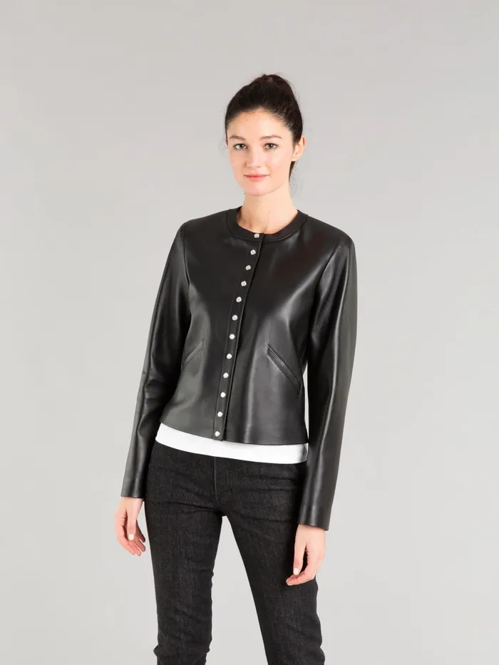Women Agns B Jumpers Longsleeved Cardigan With Press Studs In Black Lambskin Leather