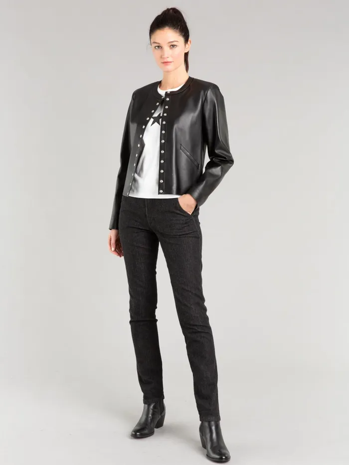 Women Agns B Jumpers Longsleeved Cardigan With Press Studs In Black Lambskin Leather