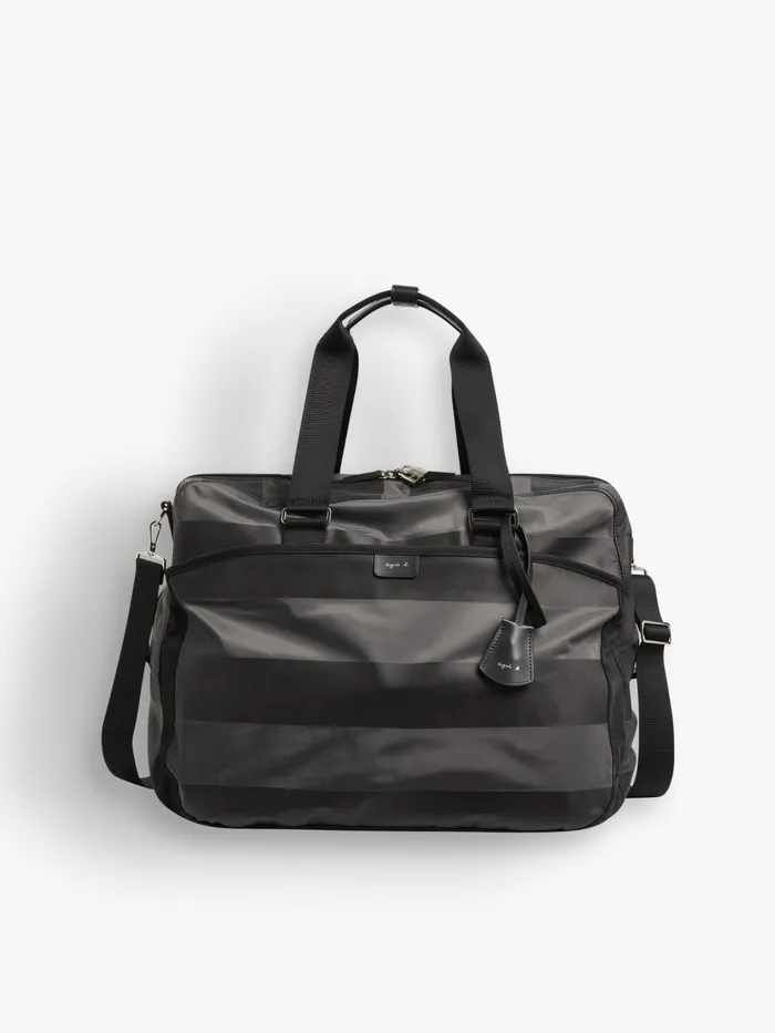 Women Agns B Large Bags and Totes Grey Striped Boston Travel Bag