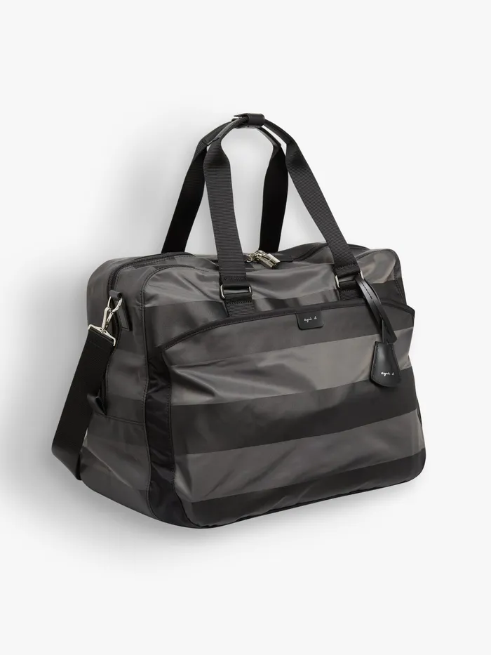 Women Agns B Large Bags and Totes Grey Striped Boston Travel Bag