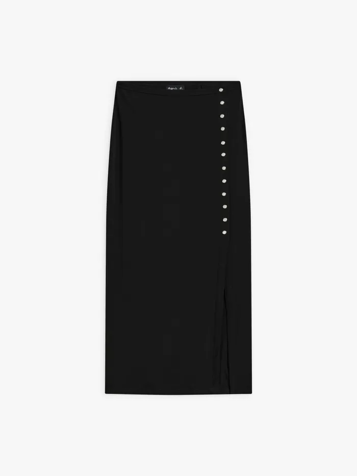 Women Agns B Skirts and Shorts Black Crpe Jersey Pearly Snap Buttons Long Skirt