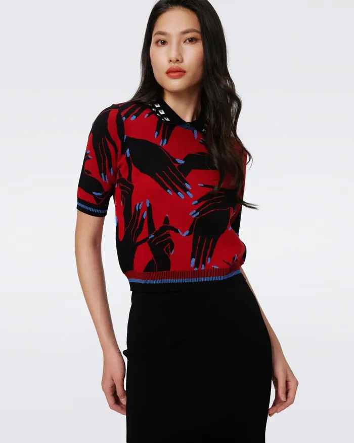 Women Antonella Knit Jacquard Top Huge Stage Hands Red DVF Tops