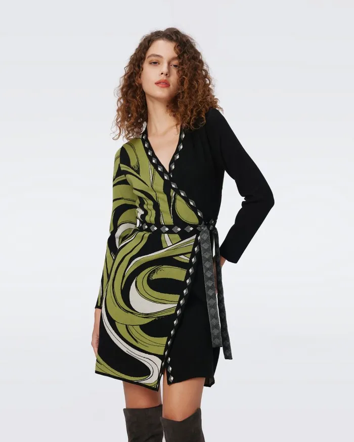 Women Aubrey Knit Jacquard Wrap Dress Huge Cass Tape Shadown Green And Black DVF Dresses Women Aubrey Knit Jacquard Wrap Dress Huge Cass Tape Shadown Green And Black DVF Dresses