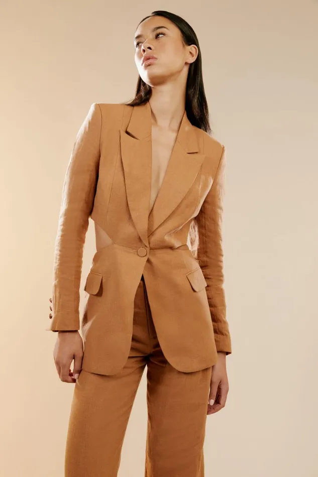 Women Bardot Blazers Domenica Linen Cut Out Blazer In Camel Camel