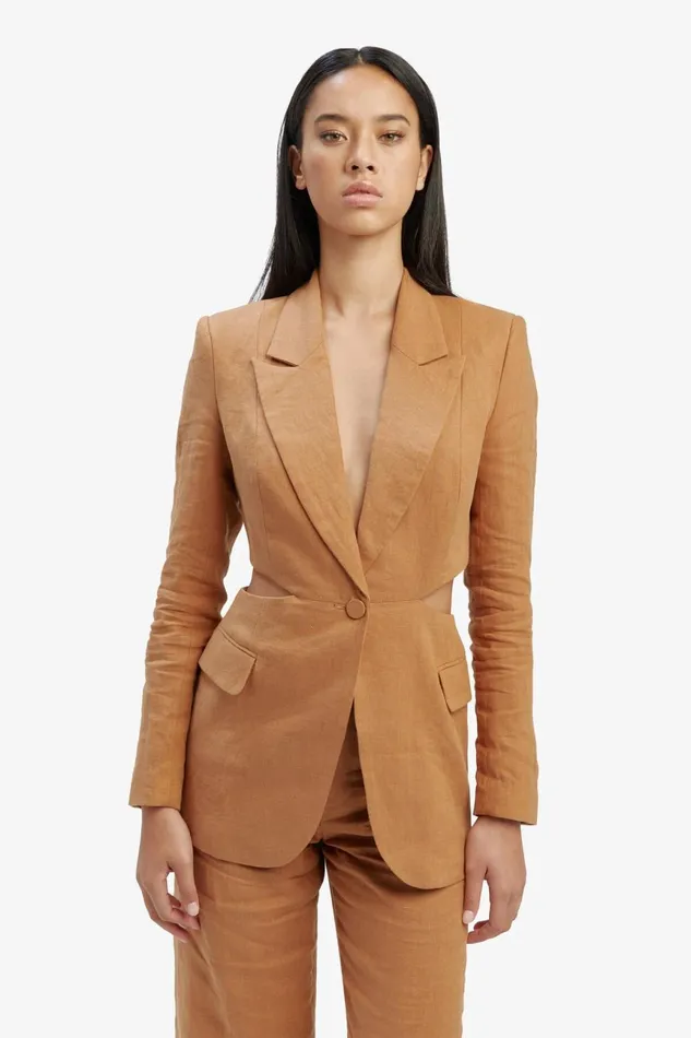 Women Bardot Blazers Domenica Linen Cut Out Blazer In Camel Camel
