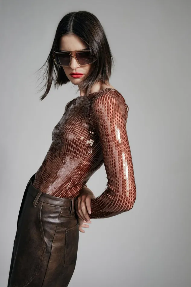 Women Bardot Bodysuits Brenna Sequin Bodysuit In Chocolate Chocolate