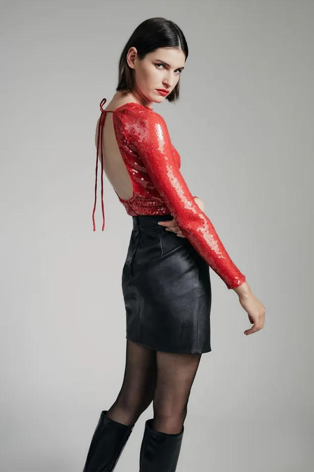 Women Bardot Bodysuits Brenna Sequin Bodysuit In Deep Red Deep Red