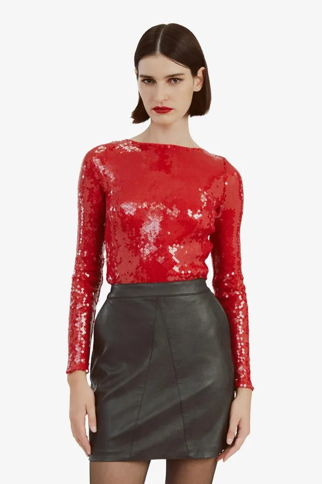 Women Bardot Bodysuits Brenna Sequin Bodysuit In Deep Red Deep Red