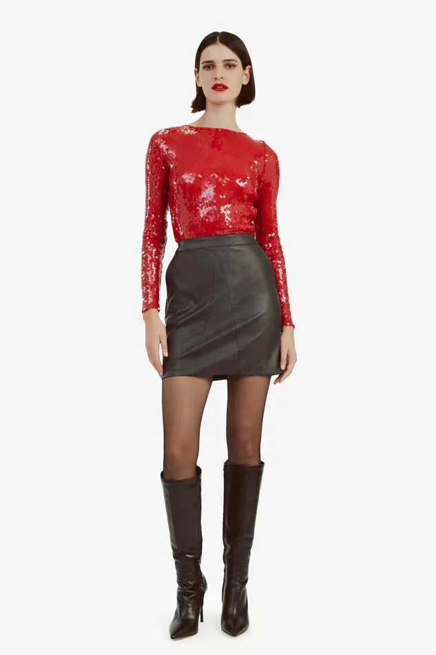 Women Bardot Bodysuits Brenna Sequin Bodysuit In Deep Red Deep Red