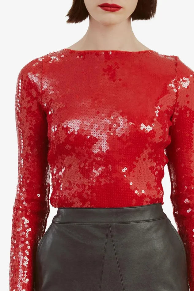 Women Bardot Bodysuits Brenna Sequin Bodysuit In Deep Red Deep Red