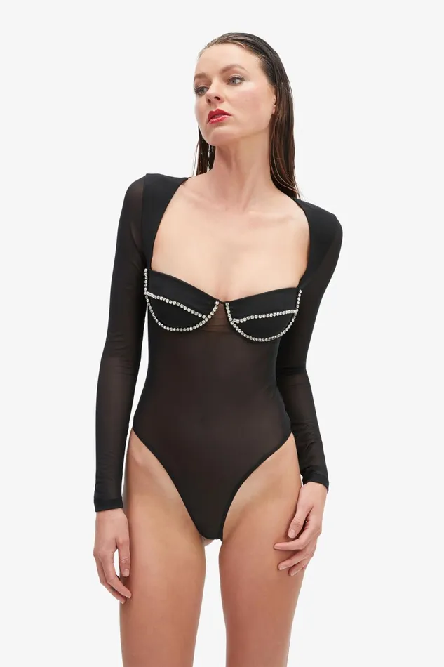 Women Bardot Bodysuits Carter Diamante Bodysuit In Black Black Women Bardot Bodysuits Carter Diamante Bodysuit In Black Black