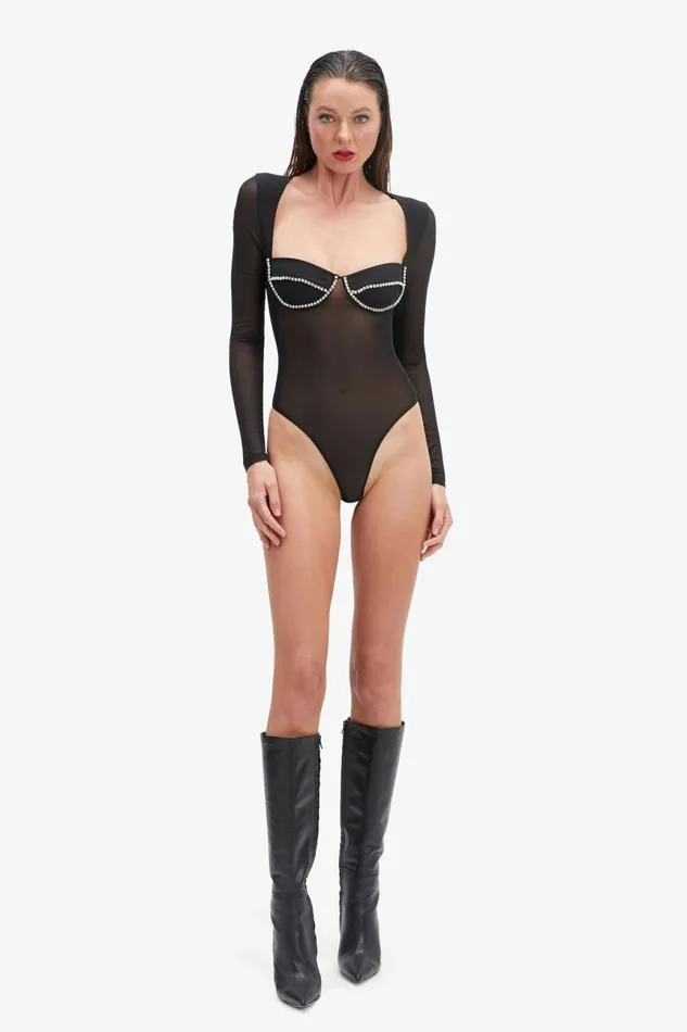 Women Bardot Bodysuits Carter Diamante Bodysuit In Black Black Women Bardot Bodysuits Carter Diamante Bodysuit In Black Black