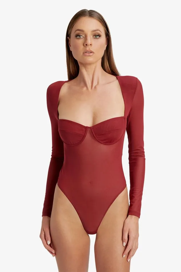 Women Bardot Bodysuits Carter Mesh Bodysuit In Burgundy Burgundy Women Bardot Bodysuits Carter Mesh Bodysuit In Burgundy Burgundy