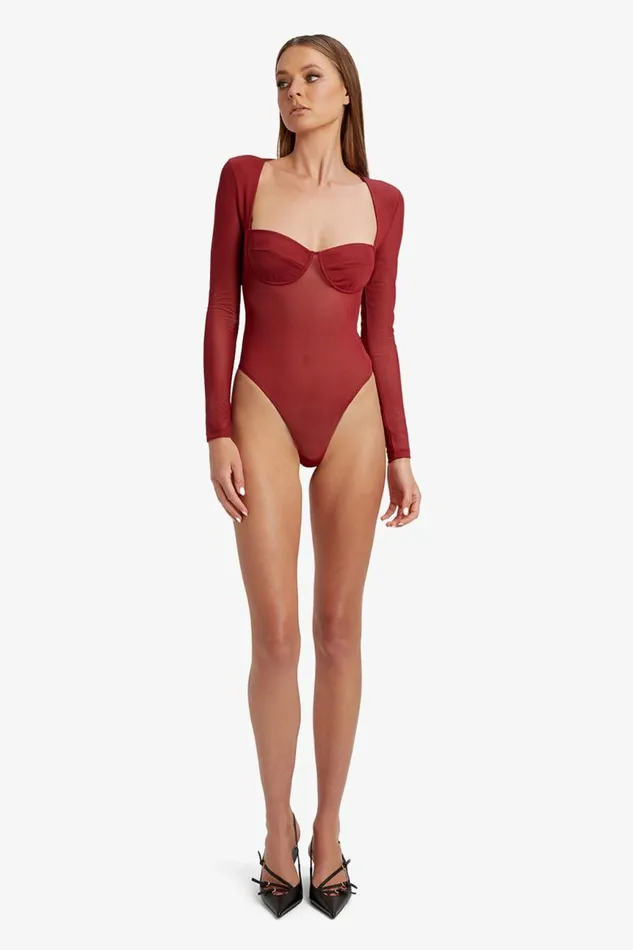 Women Bardot Bodysuits Carter Mesh Bodysuit In Burgundy Burgundy Women Bardot Bodysuits Carter Mesh Bodysuit In Burgundy Burgundy