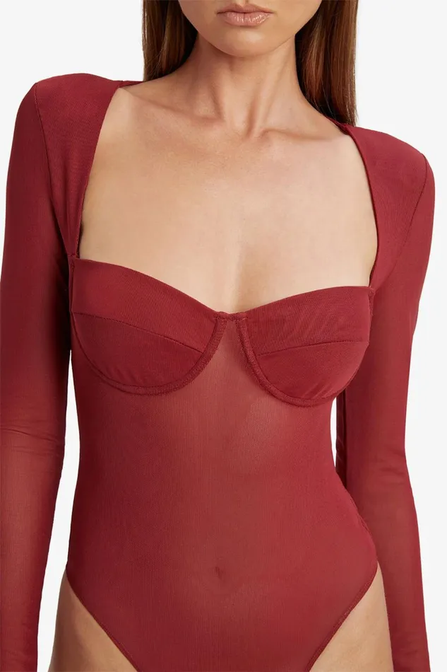 Women Bardot Bodysuits Carter Mesh Bodysuit In Burgundy Burgundy Women Bardot Bodysuits Carter Mesh Bodysuit In Burgundy Burgundy