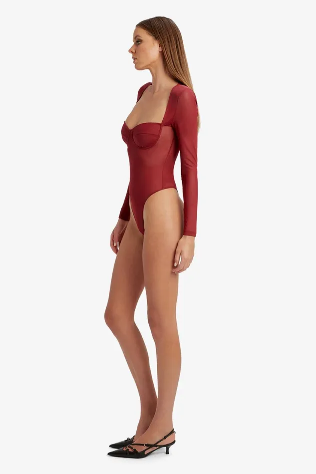 Women Bardot Bodysuits Carter Mesh Bodysuit In Burgundy Burgundy Women Bardot Bodysuits Carter Mesh Bodysuit In Burgundy Burgundy