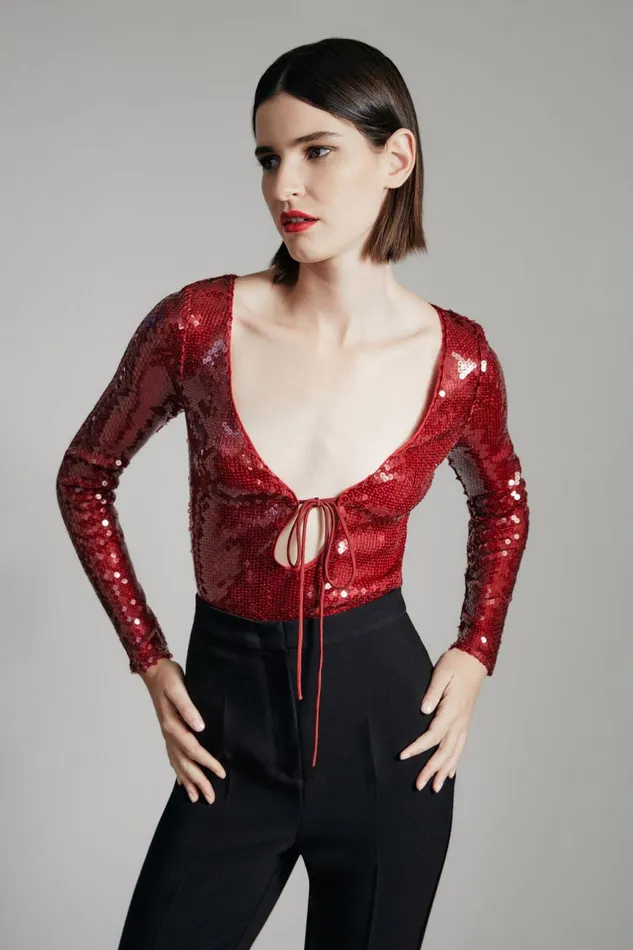 Women Bardot Bodysuits Verona Sequin Bodysuit In Burgundy Burgundy