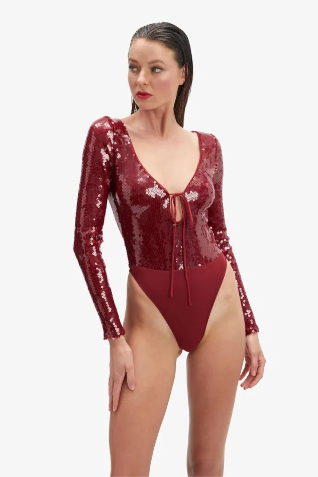 Women Bardot Bodysuits Verona Sequin Bodysuit In Burgundy Burgundy Women Bardot Bodysuits Verona Sequin Bodysuit In Burgundy Burgundy