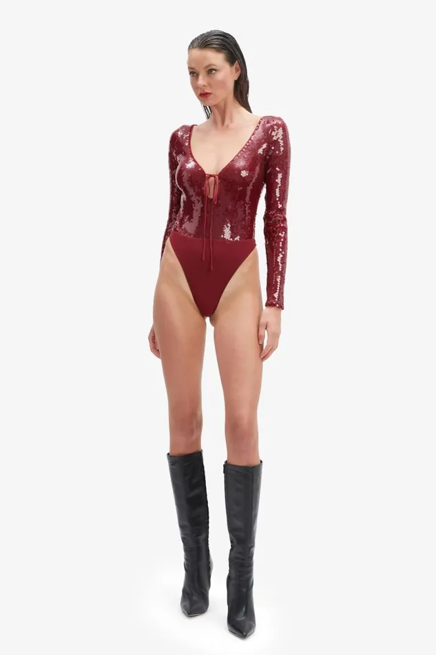 Women Bardot Bodysuits Verona Sequin Bodysuit In Burgundy Burgundy Women Bardot Bodysuits Verona Sequin Bodysuit In Burgundy Burgundy