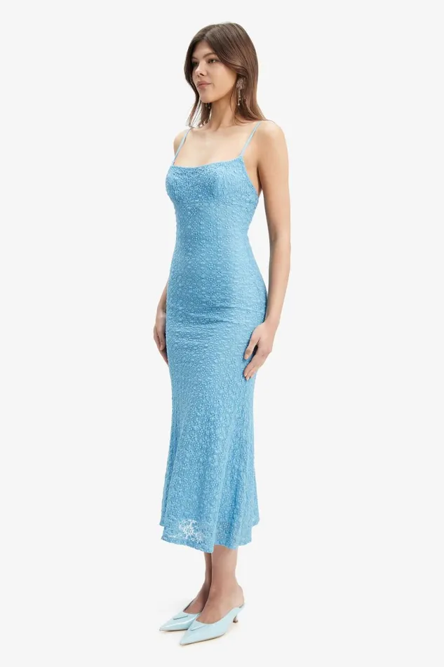 Women Bardot Day To Night Dresses Adoni Mesh Midi Dress In Mid Blue Mid Blue
