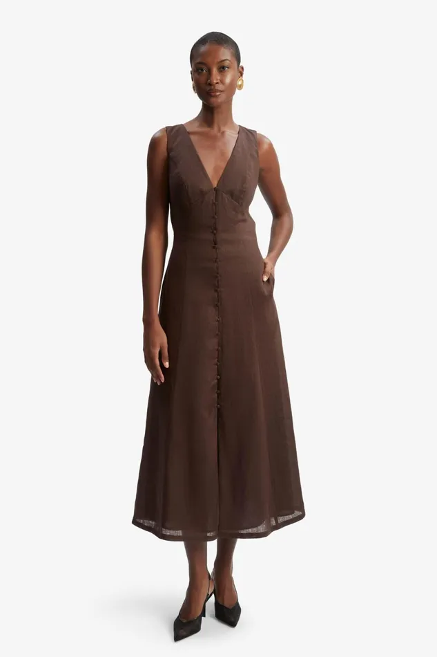Women Bardot Day To Night Dresses Cordelia Linen Midi Dress In Chocolate Chocolate Women Bardot Day To Night Dresses Cordelia Linen Midi Dress In Chocolate Chocolate