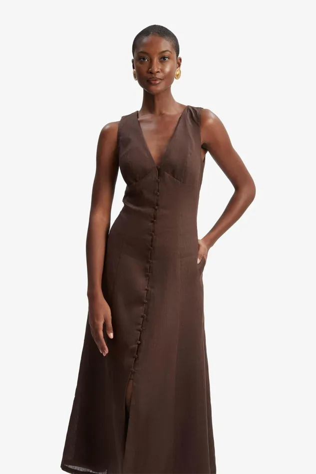 Women Bardot Day To Night Dresses Cordelia Linen Midi Dress In Chocolate Chocolate Women Bardot Day To Night Dresses Cordelia Linen Midi Dress In Chocolate Chocolate