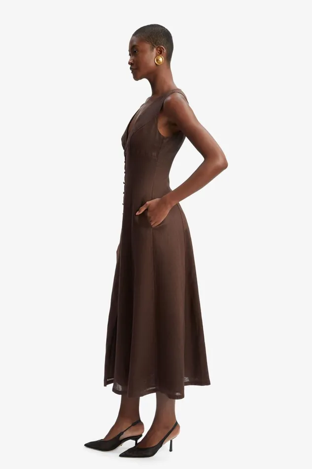 Women Bardot Day To Night Dresses Cordelia Linen Midi Dress In Chocolate Chocolate Women Bardot Day To Night Dresses Cordelia Linen Midi Dress In Chocolate Chocolate
