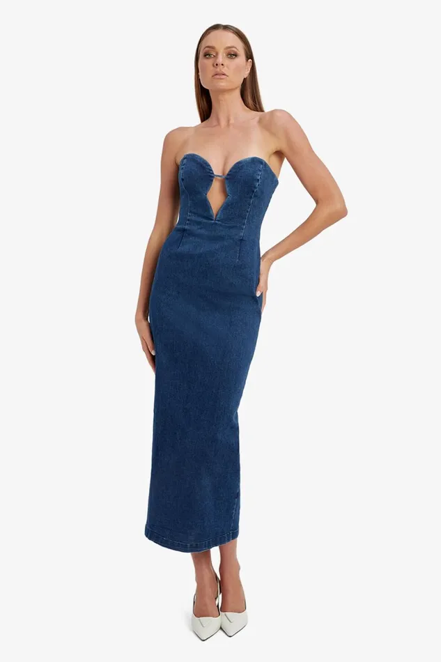 Women Bardot Day To Night Dresses Eleni Denim Midi Dress In Dark Dark Women Bardot Day To Night Dresses Eleni Denim Midi Dress In Dark Dark