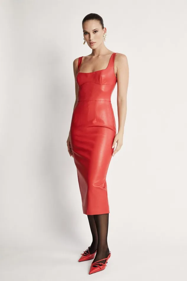 Women Bardot Day To Night Dresses Kassy Vegan Leather Dress In Famous Red Famous Red Women Bardot Day To Night Dresses Kassy Vegan Leather Dress In Famous Red Famous Red