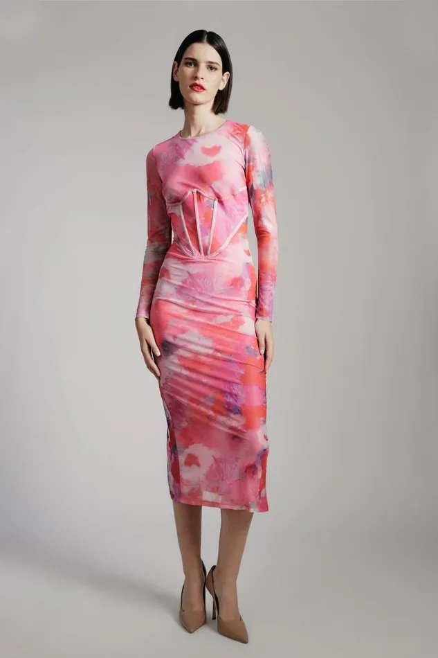 Women Bardot Day To Night Dresses Lena Mesh Midi Dress In Wildflower Wildflower