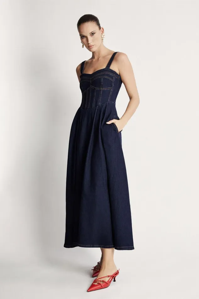Women Bardot Day To Night Dresses Lilah Denim Midi Dress In Dark Dark