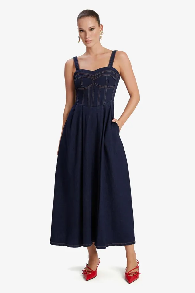 Women Bardot Day To Night Dresses Lilah Denim Midi Dress In Dark Dark Women Bardot Day To Night Dresses Lilah Denim Midi Dress In Dark Dark