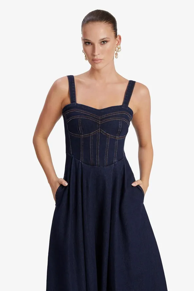 Women Bardot Day To Night Dresses Lilah Denim Midi Dress In Dark Dark Women Bardot Day To Night Dresses Lilah Denim Midi Dress In Dark Dark