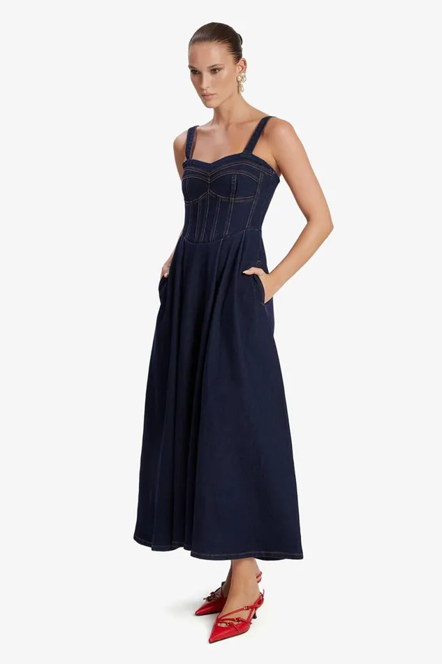 Women Bardot Day To Night Dresses Lilah Denim Midi Dress In Dark Dark Women Bardot Day To Night Dresses Lilah Denim Midi Dress In Dark Dark