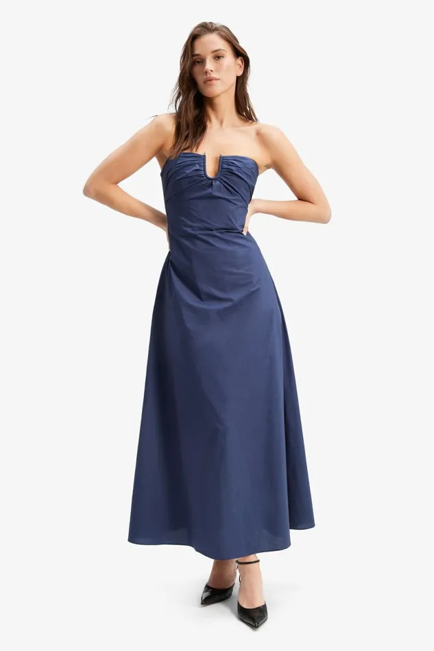 Women Bardot Day To Night Dresses Lora Poplin Maxi Dress In Navy Navy