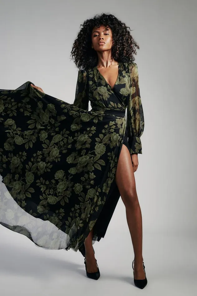 Women Bardot Day To Night Dresses Lucianna Maxi Wrap Dress In Green Flo Green Flo Women Bardot Day To Night Dresses Lucianna Maxi Wrap Dress In Green Flo Green Flo
