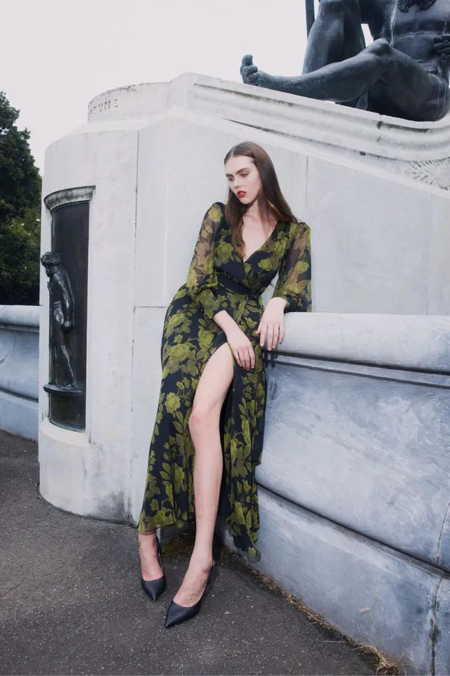 Women Bardot Day To Night Dresses Lucianna Maxi Wrap Dress In Green Flo Green Flo Women Bardot Day To Night Dresses Lucianna Maxi Wrap Dress In Green Flo Green Flo