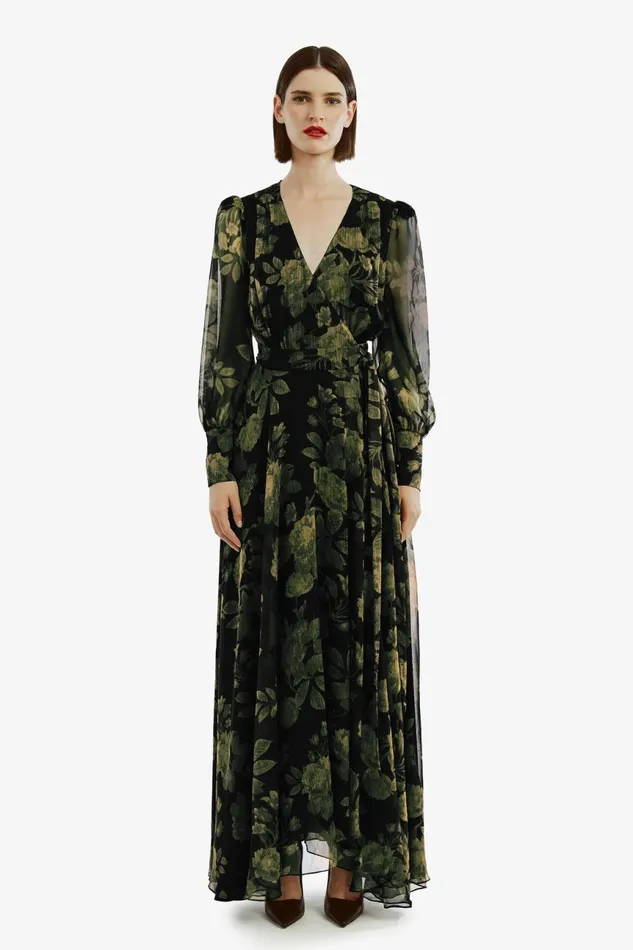 Women Bardot Day To Night Dresses Lucianna Maxi Wrap Dress In Green Flo Green Flo Women Bardot Day To Night Dresses Lucianna Maxi Wrap Dress In Green Flo Green Flo