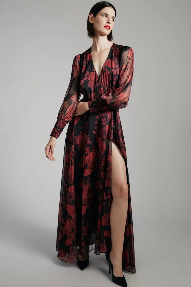 Women Bardot Day To Night Dresses Lucianna Maxi Wrap Dress In Red Floral Red Floral Women Bardot Day To Night Dresses Lucianna Maxi Wrap Dress In Red Floral Red Floral