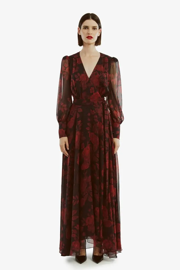 Women Bardot Day To Night Dresses Lucianna Maxi Wrap Dress In Red Floral Red Floral Women Bardot Day To Night Dresses Lucianna Maxi Wrap Dress In Red Floral Red Floral