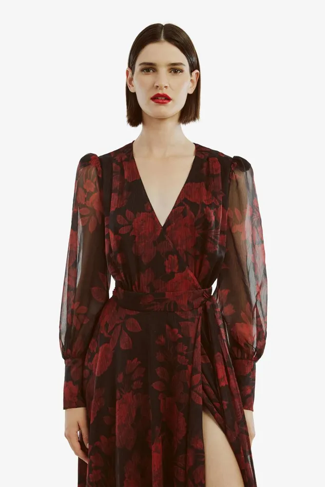 Women Bardot Day To Night Dresses Lucianna Maxi Wrap Dress In Red Floral Red Floral Women Bardot Day To Night Dresses Lucianna Maxi Wrap Dress In Red Floral Red Floral