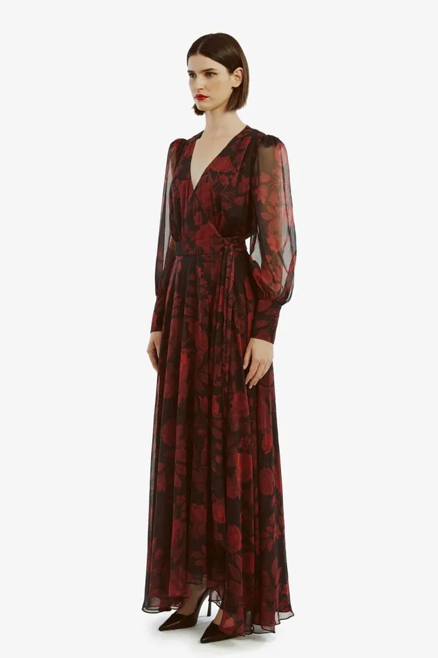 Women Bardot Day To Night Dresses Lucianna Maxi Wrap Dress In Red Floral Red Floral Women Bardot Day To Night Dresses Lucianna Maxi Wrap Dress In Red Floral Red Floral