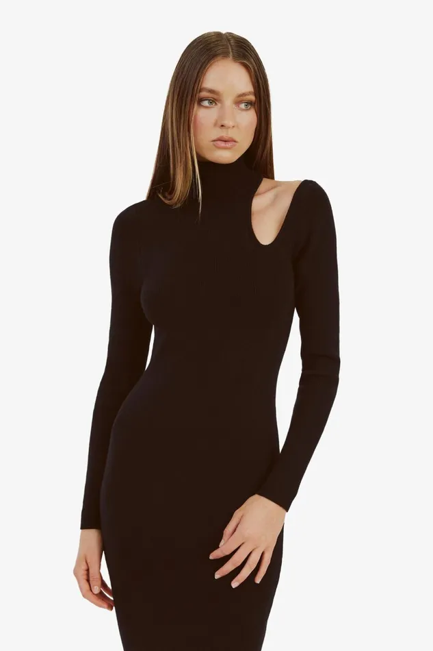 Women Bardot Day To Night Dresses Olesa Asymmetric Knit Dress In Black Black Women Bardot Day To Night Dresses Olesa Asymmetric Knit Dress In Black Black