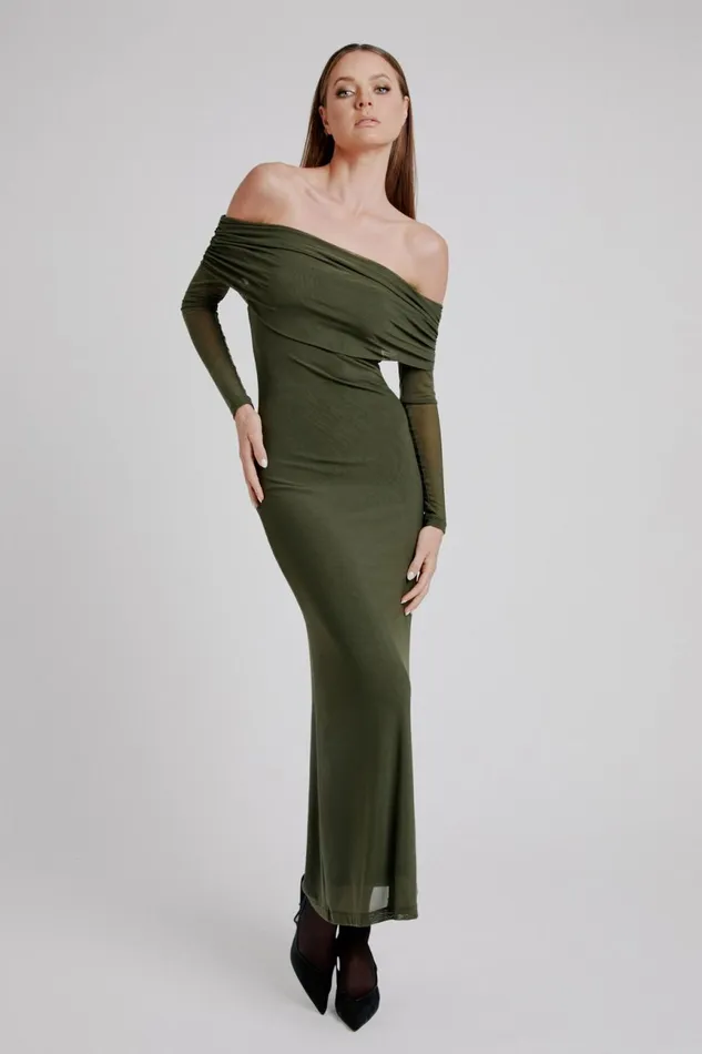 Women Bardot Day To Night Dresses Saphia Mesh Maxi Dress In Khaki Khaki