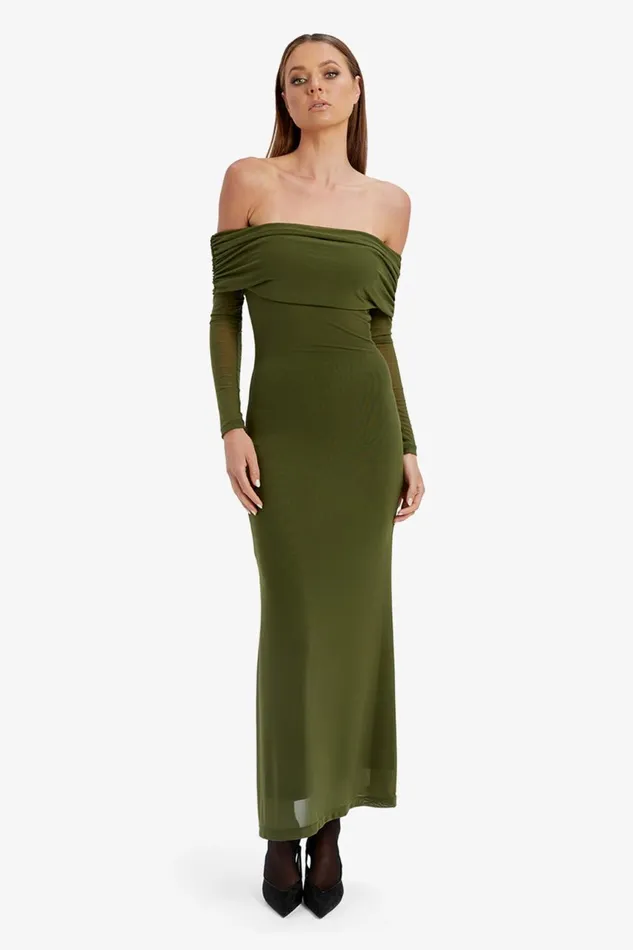 Women Bardot Day To Night Dresses Saphia Mesh Maxi Dress In Khaki Khaki Women Bardot Day To Night Dresses Saphia Mesh Maxi Dress In Khaki Khaki
