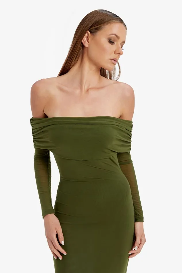 Women Bardot Day To Night Dresses Saphia Mesh Maxi Dress In Khaki Khaki Women Bardot Day To Night Dresses Saphia Mesh Maxi Dress In Khaki Khaki