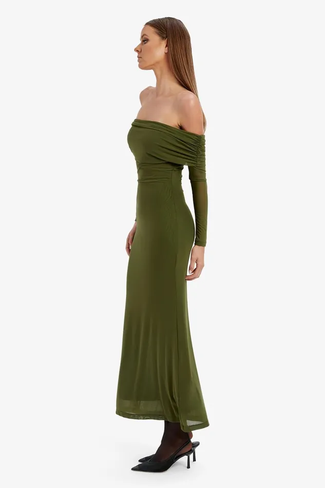Women Bardot Day To Night Dresses Saphia Mesh Maxi Dress In Khaki Khaki Women Bardot Day To Night Dresses Saphia Mesh Maxi Dress In Khaki Khaki