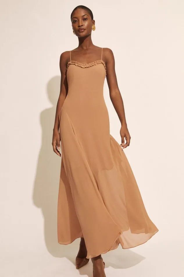 Women Bardot Day To Night Dresses Tatian Frill Trim Maxi Dress In Tan Tan