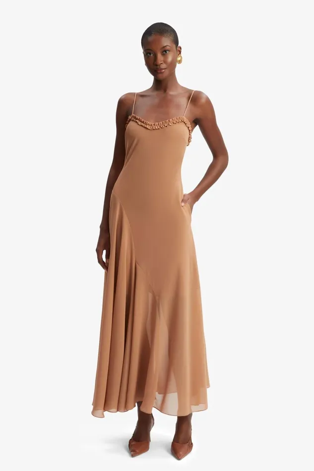 Women Bardot Day To Night Dresses Tatian Frill Trim Maxi Dress In Tan Tan Women Bardot Day To Night Dresses Tatian Frill Trim Maxi Dress In Tan Tan