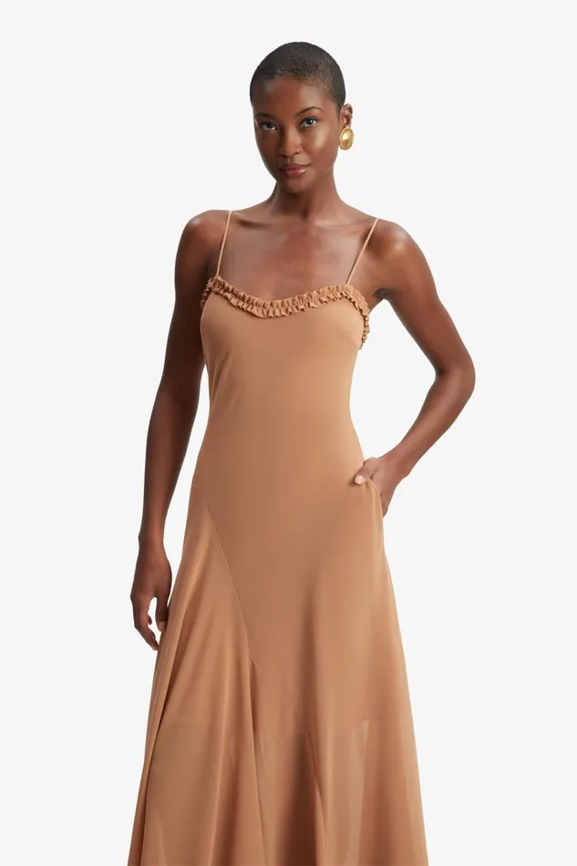 Women Bardot Day To Night Dresses Tatian Frill Trim Maxi Dress In Tan Tan Women Bardot Day To Night Dresses Tatian Frill Trim Maxi Dress In Tan Tan